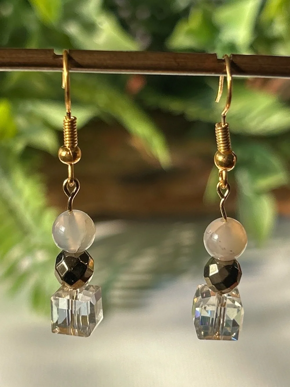 Gold-Tone Cube & Dendritic Agate Drop Earrings